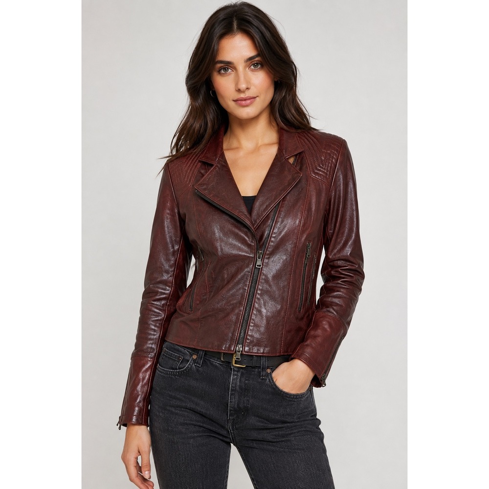 De Nicola Italian Leather Moto Jacket Burgundy Biker Quilted Shoulder Size Small